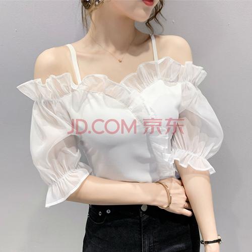 边露肩雪纺衫女短袖2021夏装新款洋气修身收腰吊带上衣 白色 s
