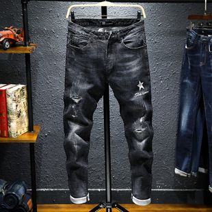 2185#破洞牛仔裤男秋季男装补丁乞丐洞洞裤秋冬款直筒修身长裤潮