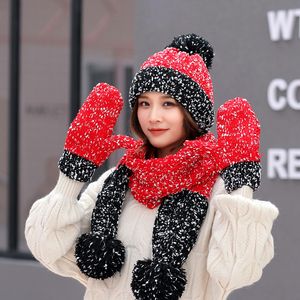 帽子韩女冬天时尚学生针织帽围脖手套百搭毛线帽双色雪花加绒护耳