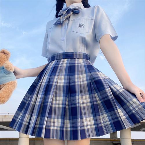 咩啊jk格裙蓝色格子百褶裙日系制服裙正版短袖衬衫一套春日制度部