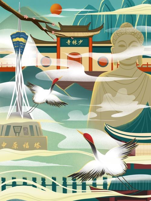 中国风——河南_中国风_插画_少林寺_中原福塔_龙门石窟景区_人文