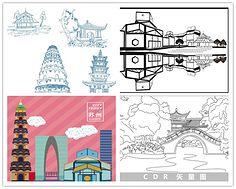苏州江苏城市宣传设计元素材标志性建筑楼手绘线描简笔画剪影合集