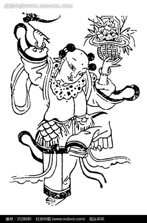 中国古典图案-手托某物拿着拂尘的童子
