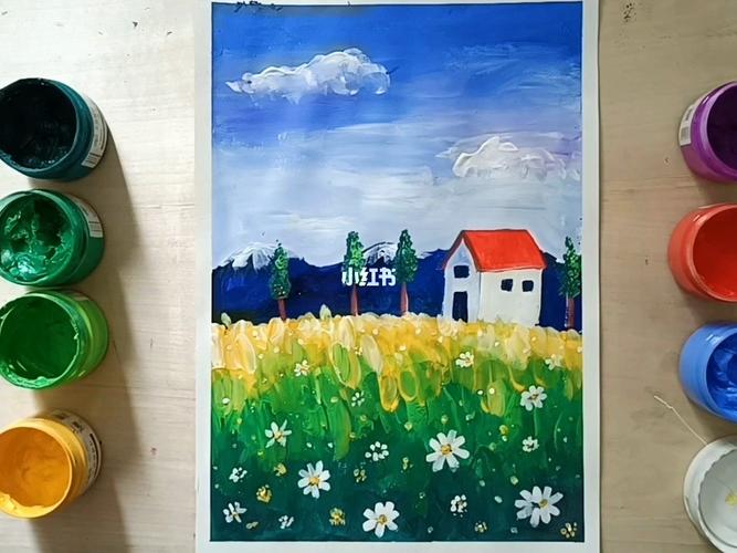 美丽的乡村小花儿童水粉画_乡村_美术_少儿创意美术_文化_绘画