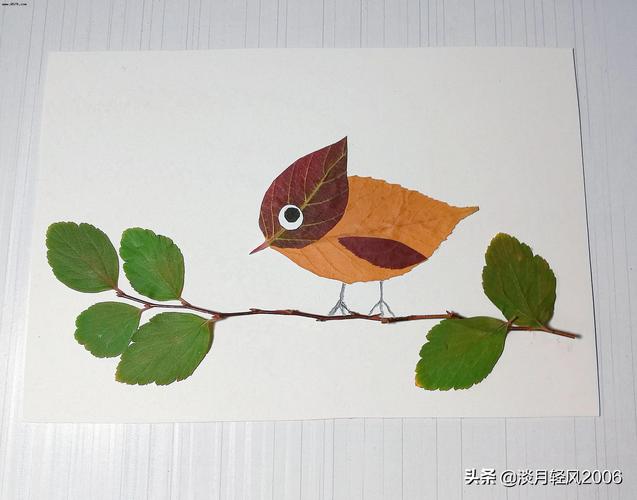 幼儿手工,简单叶贴画,树叶贴小鸟教程,孩子一学就会