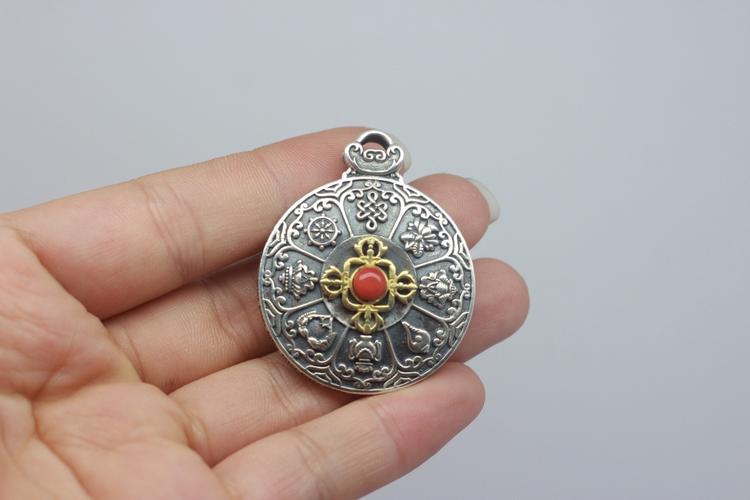 925银吊坠牌九宫八卦与生肖位均可旋转背面八吉祥图案