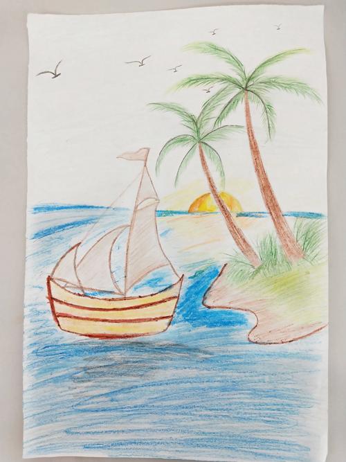 彩铅画——椰树帆船