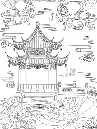 亭子荷花线稿图_线稿_绘画_画画_文化_绘画