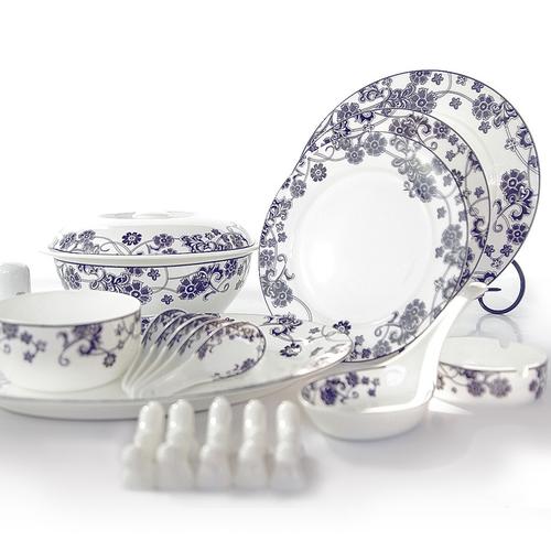 御磬景德镇陶瓷餐具正品骨瓷套碗具中式厨房瓷器套装56头蓝色睡莲