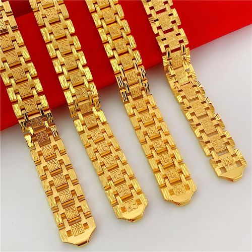 越南沙金仿黄金发财福字宽版手表带纯黄铜镀18k金色霸气男士手链