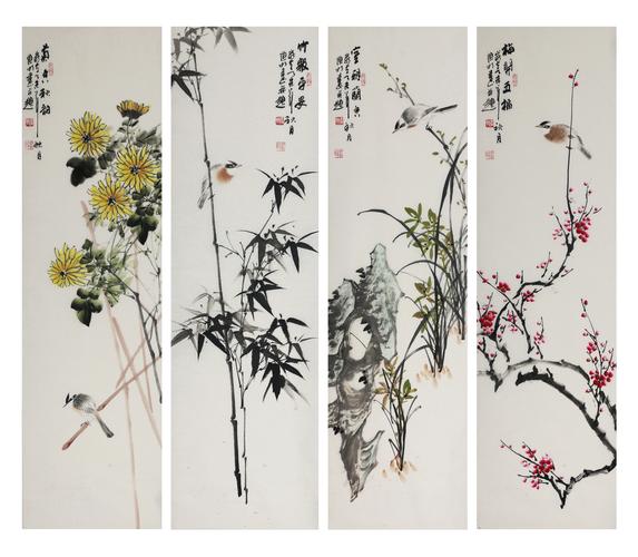 名家真迹中国书画玄关挂画花鸟字画四条屏客厅屏风条幅梅兰竹菊