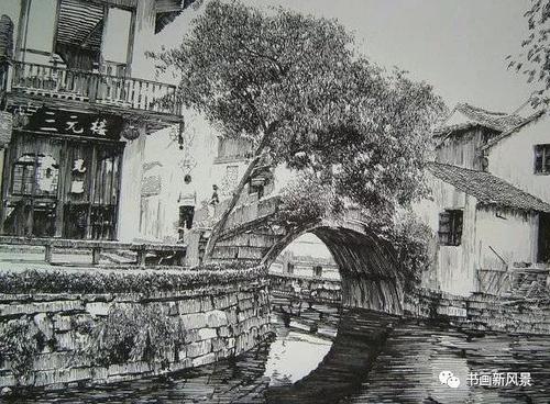 钢笔画 江南水乡