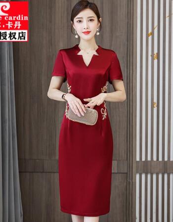 皮尔卡丹高端喜婆婆夏装女高贵洋气质仿真丝连衣裙刺绣旗袍年轻妈妈