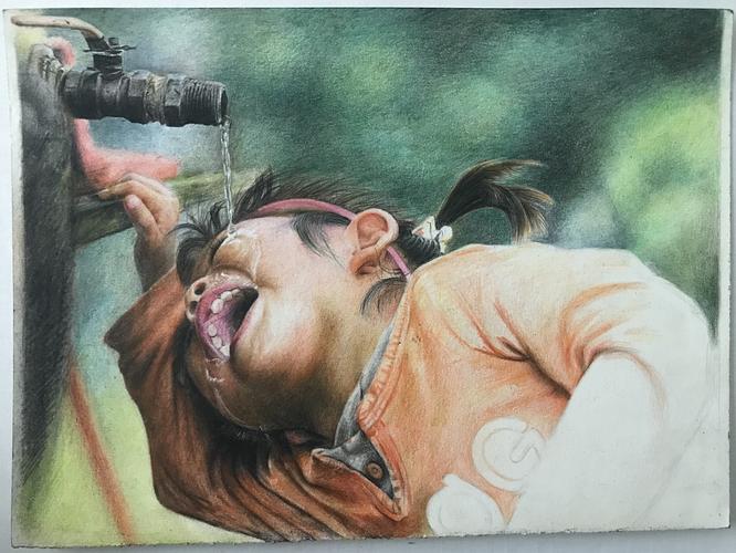 留守儿童之喝水彩铅画