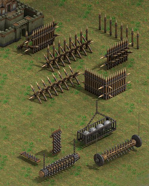 有各种城门,木头的,石头的,拱门的,炮楼等,城防有滚木,镭石,拒马桩