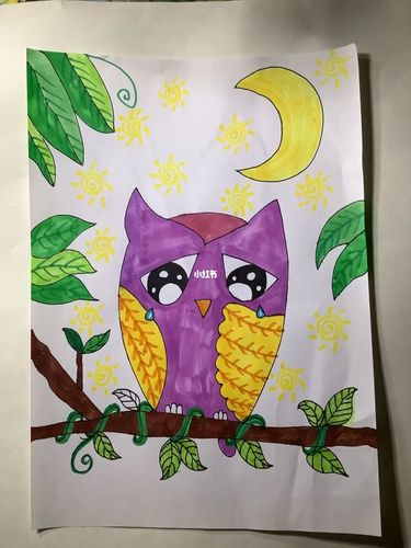 创意儿童画 爱哭的猫头鹰_儿童画_文化_绘画