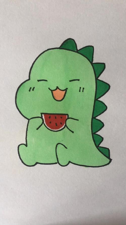 画吃西瓜的可爱小恐龙 #简笔画_简笔画_文化_绘画
