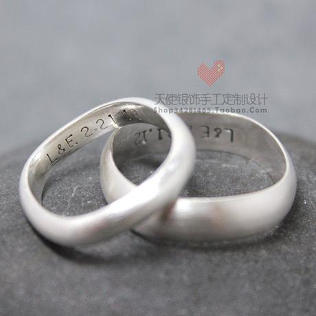 925纯银 纯手工定制 男女情侣对戒 刻字方形圆弧银戒指圈 刻字母