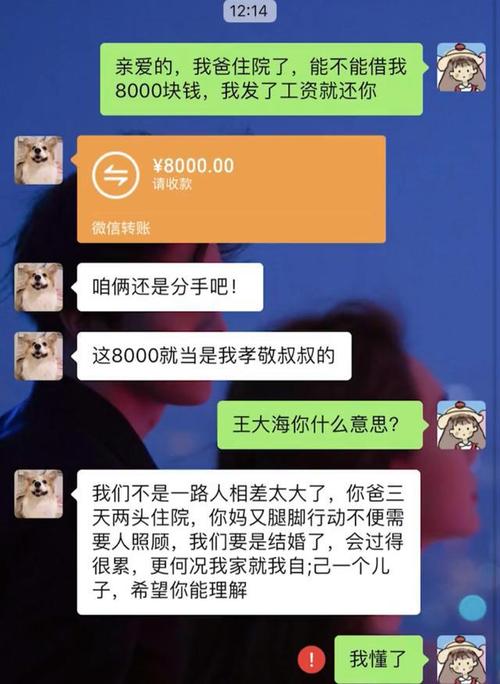 亲爱的,我爸住院了,能不能借我8000块,结果男友转账后