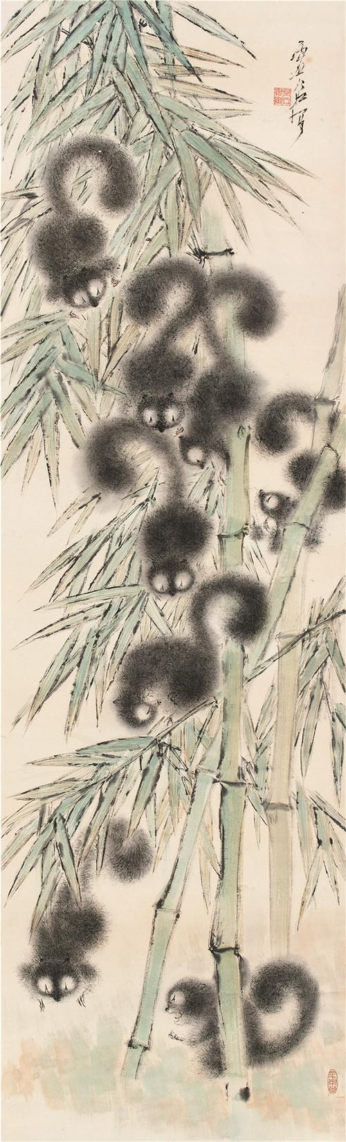 lot 0631 虚谷松鼠翠竹 立轴 设色纸本