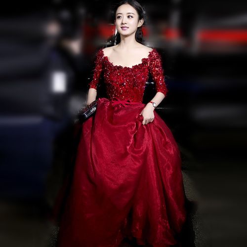 2016新款 赵丽颖同款超美婚纱礼服 红色大气修身主持人演.
