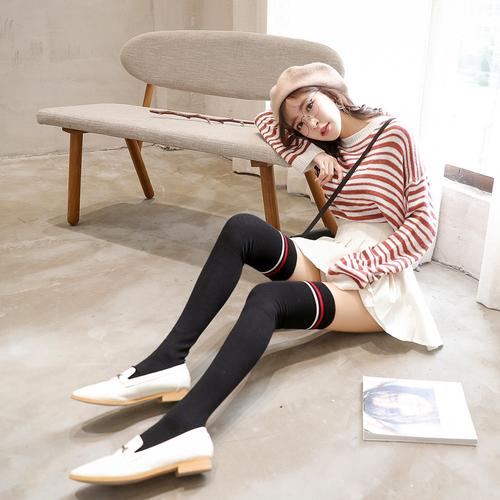 3058秋冬过膝袜女全棉硅胶防滑二杠百搭高筒袜日系学院风长筒袜