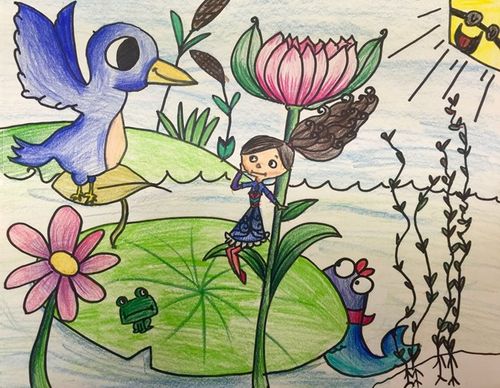 小女孩和小鸟水粉画_儿童画的作品图片观赏