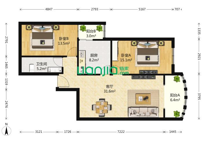 海天中心 2室1厅1卫 113㎡ 户型