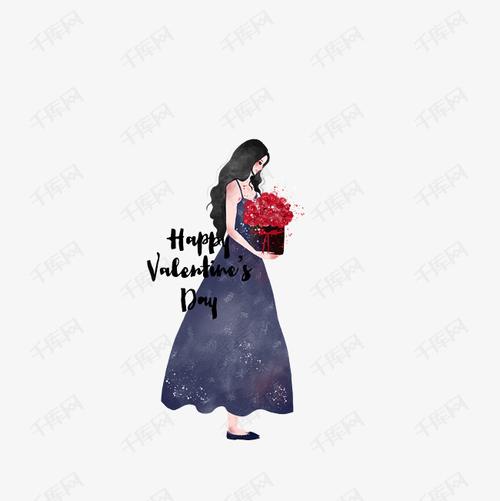 情人节紫色系长裙手拿红玫瑰鲜花女孩卡通手绘