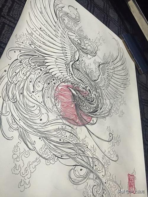 满背凤凰纹身图案及手稿