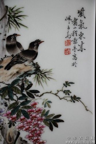 程意亭民国名家珠山八友合作粉彩方形帽筒箭筒
