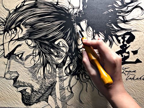 手工黑白木刻版画宫本武藏