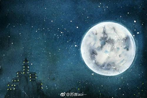 水彩星空#画师@苏岸aoi--#【月夜】