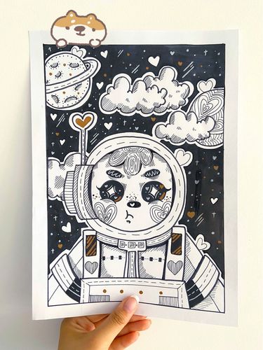 【57】线描|黑白装饰画《宇航员》_装饰画_绘画_冒险