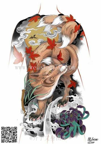 满背狐狸纹身手稿图案大全