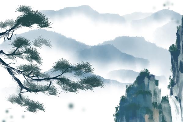 中国风水墨墨迹手绘水墨山水松树素材
