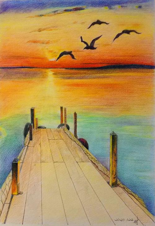 彩色铅笔画《夕阳红》