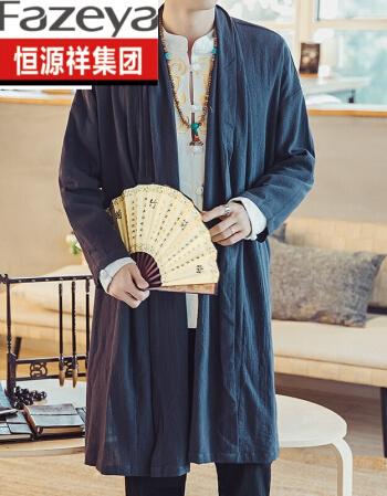 恒源祥彩羊中国风男装大码中式长款披风衣亚麻外套复古风装道袍汉服
