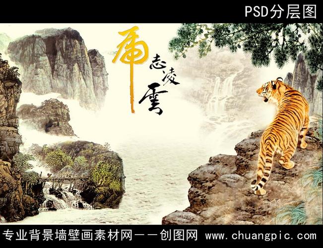 虎志凌云山水风景 虎志凌云老虎风景 工笔山水老虎 工笔松树