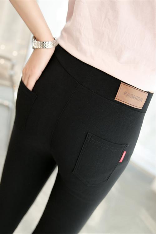 2019春秋新款韩版后皮标显瘦打底裤女外穿高腰黑色紧身弹力九分裤