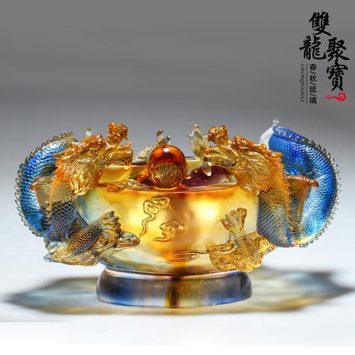 琉璃龙聚宝盆招财双龙戏珠礼品摆件工艺品店铺财位聚财开业礼物