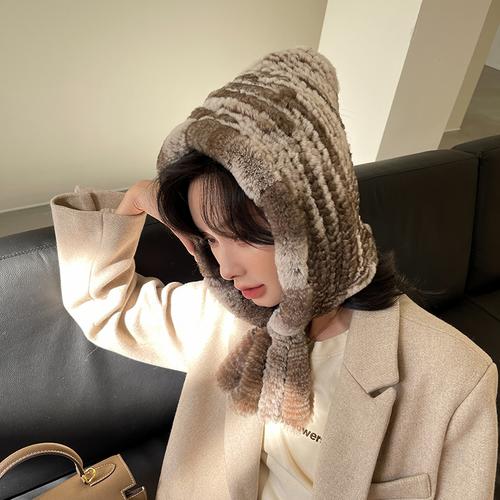 兔毛帽女围巾一体冬季新款编织风雪帽韩国保暖连帽围巾加厚毛领子