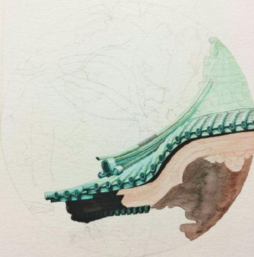 超唯美古风屋檐一角水彩画教程图片 带上色过程 有意境