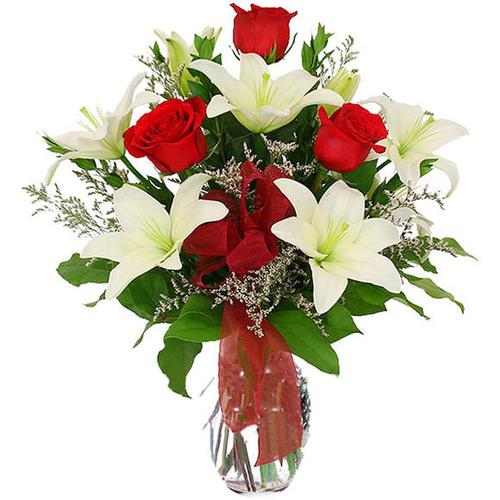 顺其自然-5枝红玫瑰4枝百合 瓶插花居家办公装饰爱情纪念日鲜花礼物