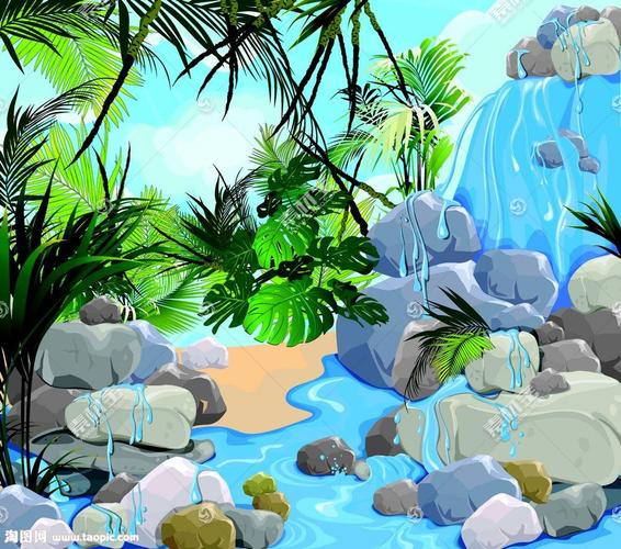 关键词:瀑布风景插画素材,瀑布风景插画图片,热带植物,瀑布,小溪,流水