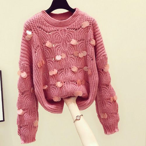 2021秋冬新款慵懒风手工亮片圆领针织上衣韩版宽松长袖镂空毛衣女