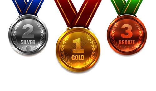 荣誉冠军颁项将体育彩带最佳奖项矢量金银铜章彩色环球奖牌项设计图片