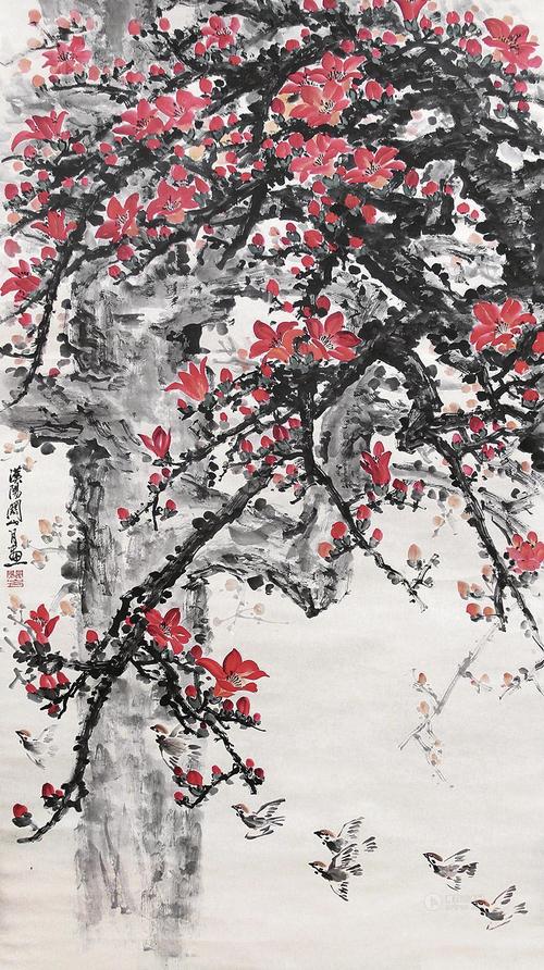 0207木棉花镜片设色纸本