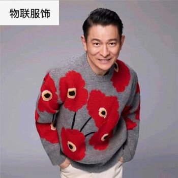 音红花绣花灰色新年毛衣圆领套头外穿宽松男女上衣潮 抖音头像灰色款