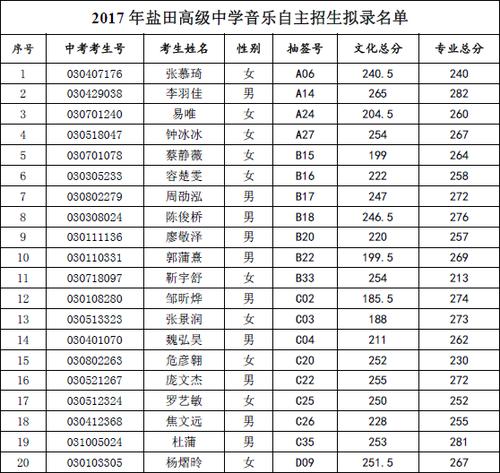 2017年盐田高级中学音乐,美术自主招生考试拟录名单